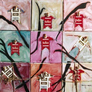 Ladjazza WADDALL (Né en 1977)
Racine Acrylique, collage sur papier, mégots, paquet de cigarettes et cordage sur toile. Signée et datée «02 10» en bas à droite. 61 x 61 cm