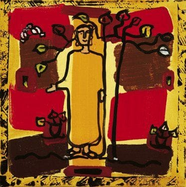 Catherine VIGIER (Née en 1951)
Femme arbre de vie jaune Technique mixte sur toile. Signée en bas à droite et au dos. 30 x 30 cm