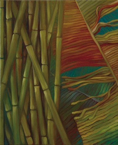 Maria MESTRE (Née en 1968)
Bambou, bananier Huile sur toile. Signée au dos. 65 x 54 cm