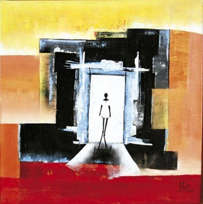 Fulbert KODOGOLI [togolais] (Né en 1974)
Nouveaux horizons Acrylique sur toile. Signée et datée «2010» en bas à droite. Titrée au dos et située «Togo». Encadrée. 50 x 50 cm