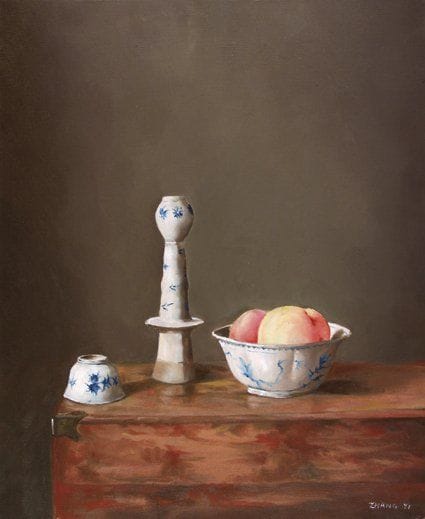 Yi ZHANG [chinois] (Né en 1986)
Pêches et porcelaines Huile sur toile. Signée en bas à droite. 46 x 38 cm