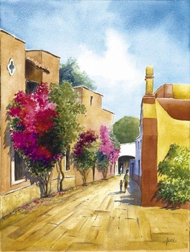 Rocio KLAPES [mexicain] (Né en 1951)
Callejuela tequis Aquarelle. Signée en bas à droite. Datée au dos «2007», signée et titrée. 61 x 46 cm