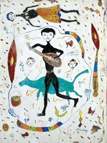 Franck K. LUNDANGI (Né en 1958)
Musicien Encre et acrylique sur papier Népal. Signée et datée «1998» en bas à droite. 65 x 48 cm