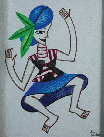 Françoise MOREAU, dite Soisem (Née en 1963)
Femme assise Crayons de couleur sur papier Canson gris. Signé en bas à droite. Daté «2009» au dos. Cadre peint. 31 x 25 cm Série «James».