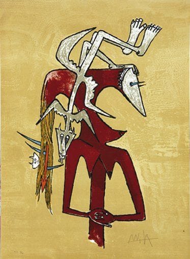 Wifredo LAM (1902-1982)
Den gyldne Fletten, 1979 Lithographie, numérotée 11/20. Epreuve d'artiste. Signée en bas à droite. 74 x 55 cm