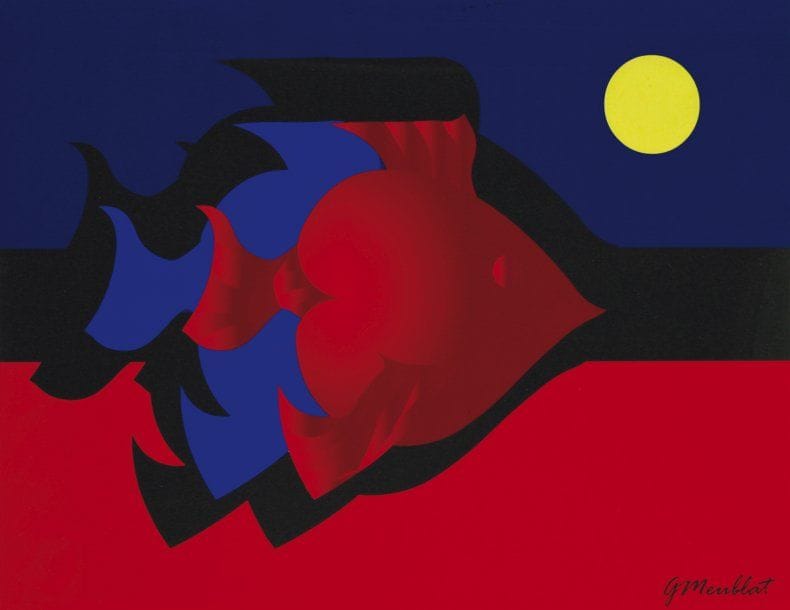 Georges MEUBLAT
Le Poisson coeur Peinture digitale. Signée en bas à droite. Signée au dos et titrée. Encadrée. 40 x 53 cm