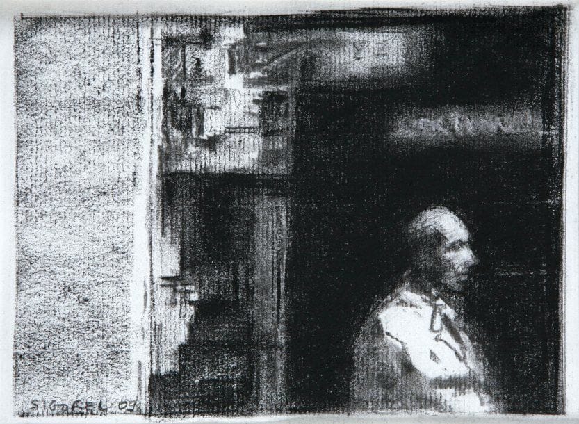 Sophie SIGOREL (Née en 1964)
Sans titre Fusain et pierre noire sur papier vergé. Signé, daté «09» en bas à gauche et sur la marie-louise. 24 x 34 cm