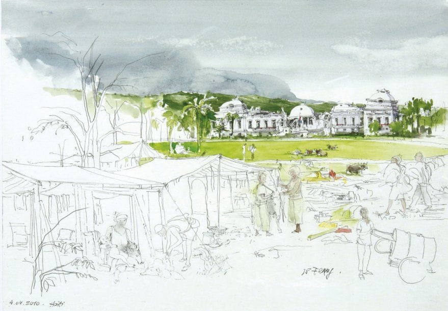 Jean-Pierre FERRY (Né en 1937)
Haïti, problèmes extérieurs et intérieurs Dessin et aquarelle sur papier. Signé en bas à droite. Daté «4.04.2010» et situé «Haïti» en bas à gauche. Encadré. 30 x 42 cm