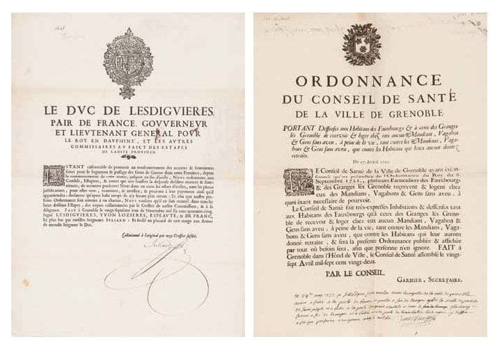 Lot d'affiches et brochures grenobloises, XVIIème & XVIIIème siècle. Dont tout un ensemble sur les mesures de santé prises en 1720-1722 suite à la Peste de Marseille ; ainsi que le port d'armes & la chasse, les soldats, la police, les invalides, le théâtre, l'université etc. Dont six affiches émanant du duc de Lesdiguières (1641). (1 lot).