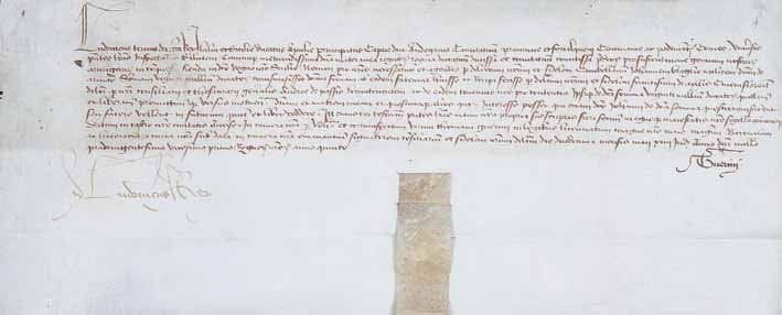 Louis III d'Anjou. Louis tiers, par la Grâce de Dieu, roi de Jérusalem et de Sicile, duc du duché des Pouilles & du principat de Capoue, duc d'Anjou, comte de Provence et de Forcalquier, fait savoir que sa très crainte mère a confié à son dilecte & fidèle chambellan, Jehan Broglie, chevalier, seigneur de Arao, la somme de vingt mille ducats pour la sustentation de ses gens et écuyers dans le royaume de Sicile. Au chateau d'Ancise, le douze mai 1421, de nos règnes le cinquième. Pièce de parchemin ( 14 x 33 cm), écrite en latin sur dix lignes, à l'encre brune ; signé « Ludovicus Rex », autrefois scellée du sceau de majesté sur double queue. (1 pièce)
