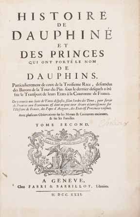 [Valbonnais]
Histoire de Dauphiné et des princes qui ont porté le nom de Dauphins, Particulièrement de ceux de la Troisième Race, descendus des Barons de la Tour-du-Pin, sous le dernier desquels a été fait le Transport de leurs Etats à la Couronne de France (...).. Genève, Fabri & Barrillot, 1722. Deux volumes in-folio, plein veau brun (reliure de l'époque). Complet de sa carte dépliante, partiellement déchirée. Reliure épidermée avec quelques manques, bon intérieur, quelques cahiers partiellement mouillés. (2 volumes).