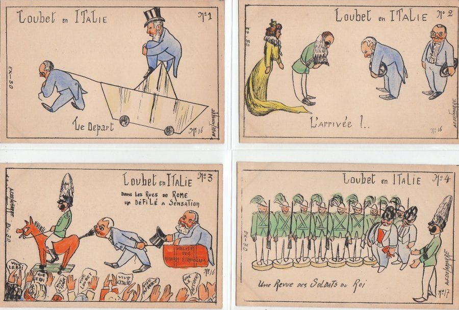 POLITIQUE : série de 4 cartes illustrées par DELAMARRE sur le voyage du Président LOUBET en Italie ( tirage 30 exemplaires ) - N - TBE