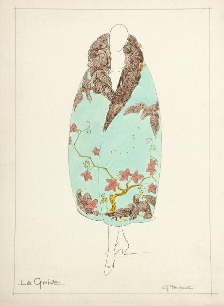 Georges-Henri TRIBOUT (1884-1962)
" Le Renard, La Grive, deux modèles de robe.  Gouaches sur papier. Signées en bas à droite. 48 x 33 cm et51 x 46.5. Ens. de 2 p.