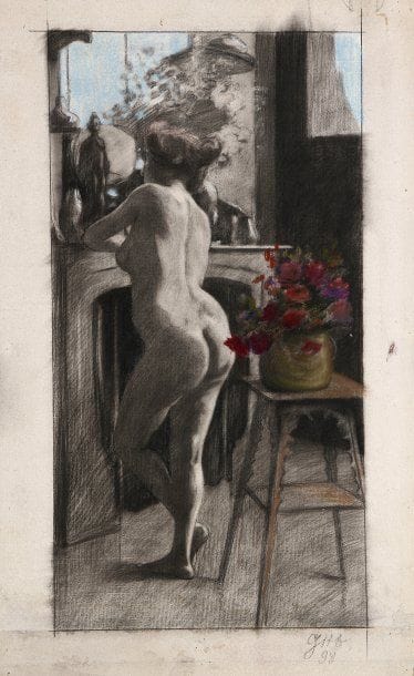 Léopold GOTTLIEB (1883-1934)
Femme nue de dos accoudée à la cheminée, 1898 Fusain et pastel sur papier. Signé GGTB et daté 98 en bas et à droite. 47.50 x 25 cm 