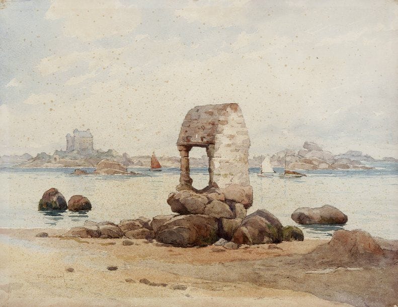 F. RENOUARD (XXè siècle)
Côte bretonne Aquarelle. Signée en bas à gauche.  Piqûres. 26 x 34 cm 