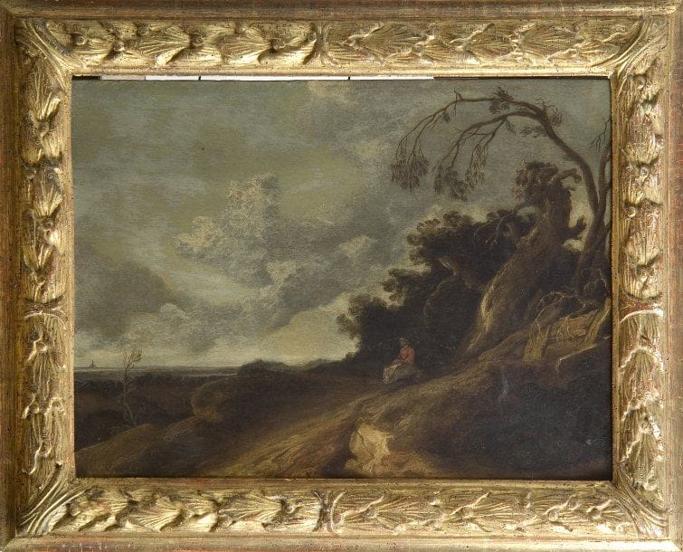 Attribué à Roelant ROGHMAN (1627 - 1692)
Promeneuse contemplant le paysage Panneau de chêne, une planche, non parqueté. 39.50 x 54 cm 