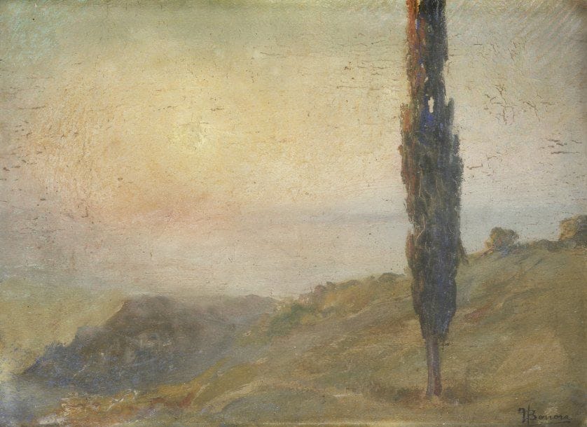 Maurizio BONORA (né en 1940)
Paysage au peuplier Huile sur carton. Signée en bas à droite 24 x 33 cm 