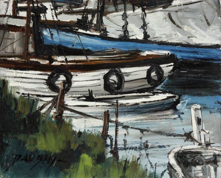 Jean-Pierre DAUBIN (né en 1942)
Bateaux, 1971 Huile sur toile. Signée en bas à gauche, signée et titrée au dos. 22 x 27 cm 