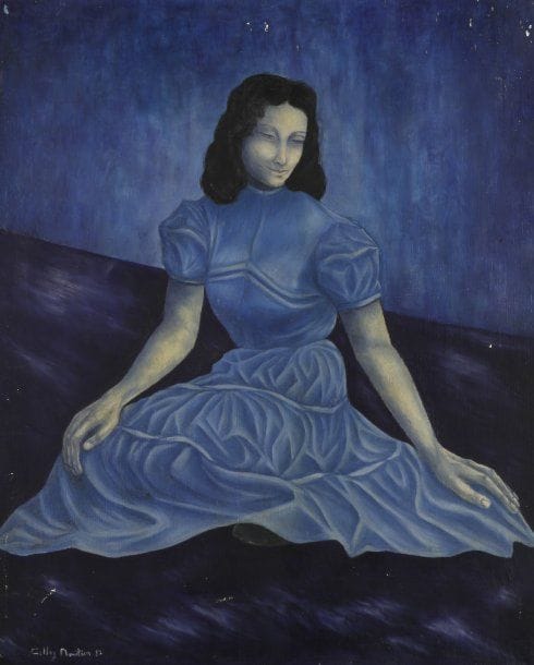 Gilles MAUTRIN (Dans le goût de)
Jeune femme en bleu Huile sur toile, 1957  Porte une signature Mautrin et est datée en bas à gauche. 61 x 50 cm 