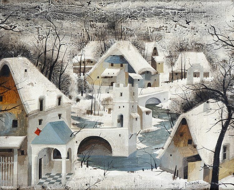 Georges DAMIN (né en 1942)
Vue de Cremer en hiver Huile sur toile. Signée en bas à droite. 22 x 27 cm 