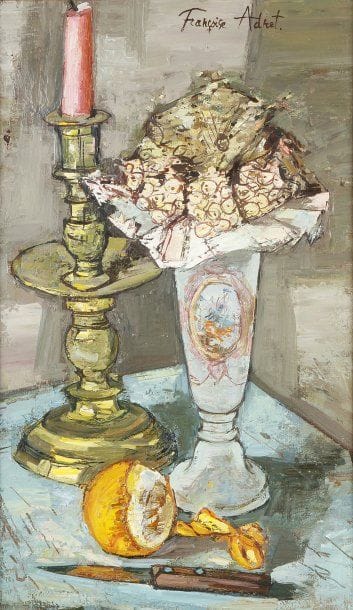 Françoise ADNET (née en 1924)
Nature morte au chandelier Huile sur toile. Signée en haut à droite. 55 x 34 cm 