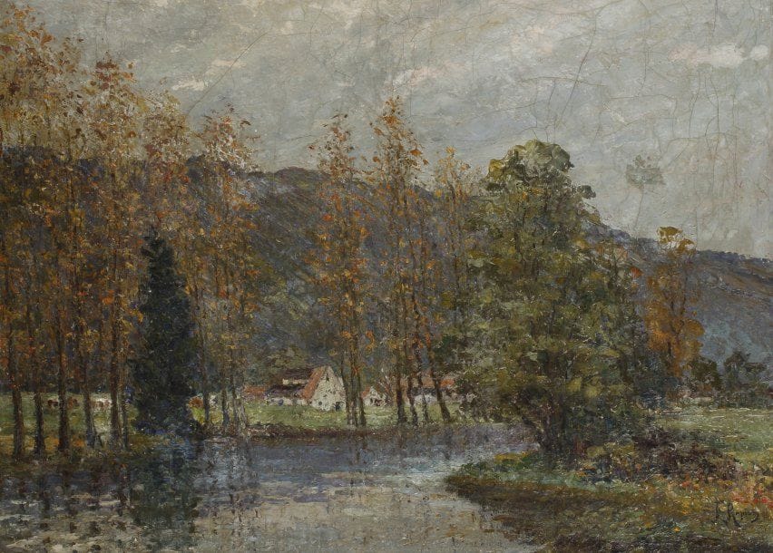 Hugues Fernand ROPION (Attr. à)
Journée de novembre Huile sur toile. Signée en bas à droite. Restaurations 73.50 x 100 cm 