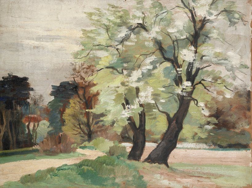 Girard Edmond-Emile dit GIRARD-MOND (1892-?)
Vue d'un parc. Huile sur carton. 24 x 33 cm 