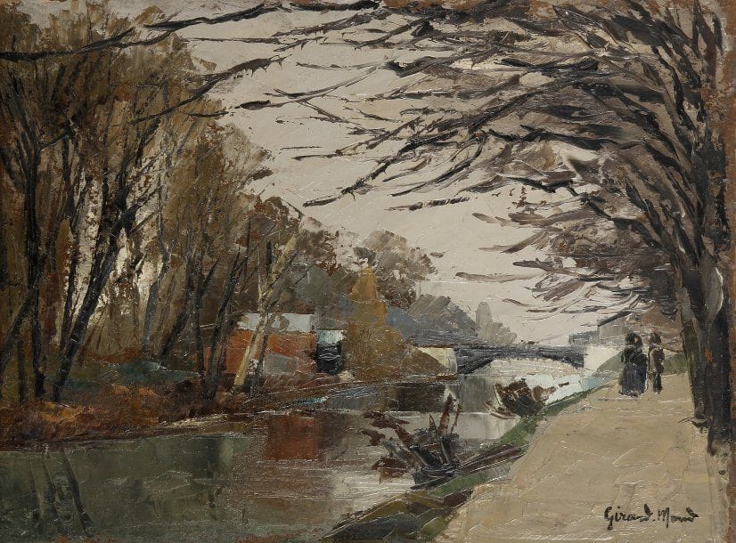 Girard Edmond-Emile dit GIRARD-MOND (1892-?)
La Seine à Neuilly. Huile sur carton. Signée en bas à droite et titrée au dos. 24 x 33 cm 