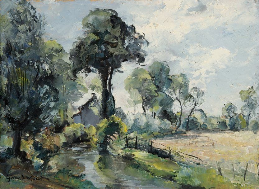 Girard Edmond-Emile dit GIRARD-MOND (1892-?)
Petit bras d'eau en Bresse. Huile sur carton. Signée en bas à gauche et titrée au dos. 24 x 33 cm 