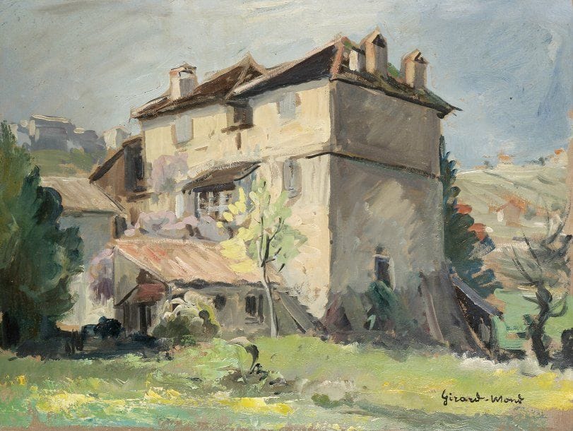 Girard Edmond-Emile dit GIRARD-MOND (1892-?)
Le pigeonnier à Pont sur Aubenas. Huile sur carton. Signée en bas à droite et titrée au dos. 24.50 x 33.50 cm 