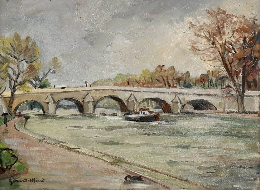 Girard Edmond-Emile dit GIRARD-MOND (1892-?)
Seine trouble au Port Royal. Huile sur carton. Signée en bas à gauche et titrée au dos. 24 x 33 cm 