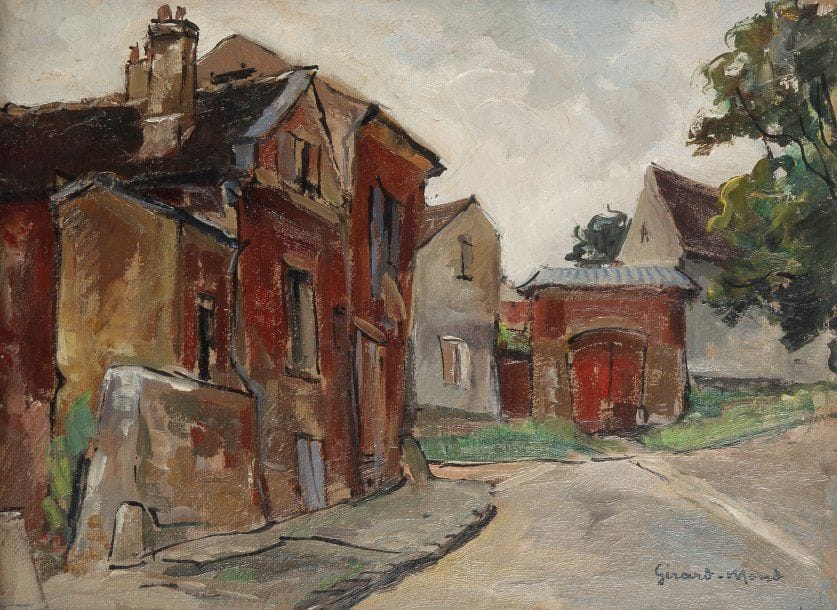 Girard Edmond-Emile dit GIRARD-MOND (1892-?)
Piscop. Le portail rouge. Huile sur carton. Signée en bas à droite et titrée au dos. 24 x 33 cm 