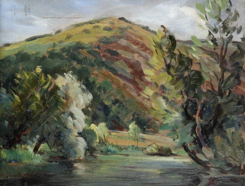 Girard Edmond-Emile dit GIRARD-MOND (1892-?)
Le pain de sucre et l'Orne. Huile sur carton. Signée en bas à gauche et titrée au dos. 27 x 35 cm 