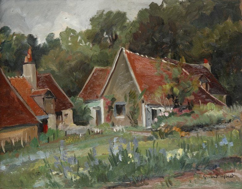 Girard Edmond-Emile dit GIRARD-MOND (1892-?)
Maisons. Huile sur carton. Signée en bas à droite et titrée au dos. 27 x 35 cm 
