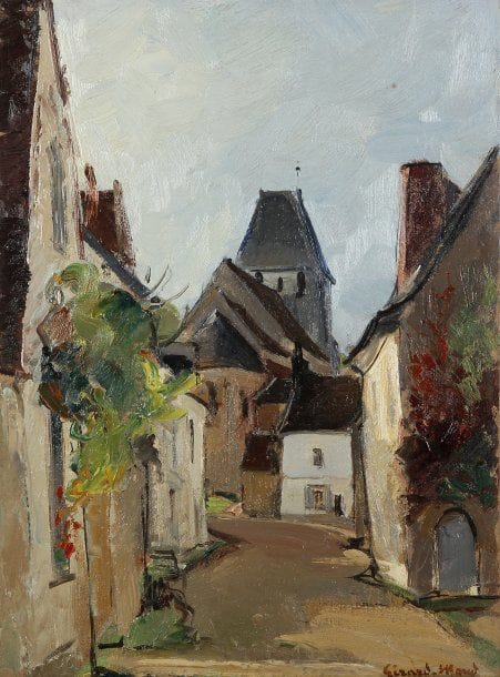 Girard Edmond-Emile dit GIRARD-MOND (1892-?)
Une rue de Lavardin. Huile sur carton. Signée en bas à droite et titrée au dos. 33 x 24 cm 