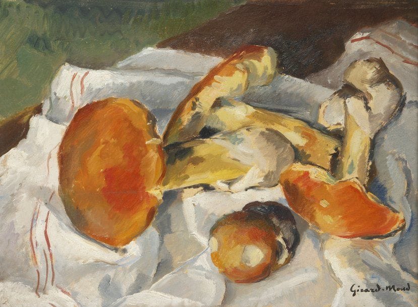 Girard Edmond-Emile dit GIRARD-MOND (1892-?)
Les oranges. Huile sur carton. Signée en bas à gauche et titrée au dos. 24.50 x 33.50 cm 
