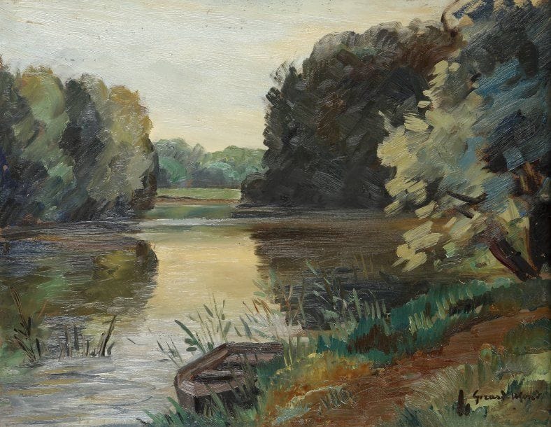 Girard Edmond-Emile dit GIRARD-MOND (1892-?)
La Marne à Ussy. Huile sur carton. Signée en bas à droite et titrée au dos. 27 x 35 cm 