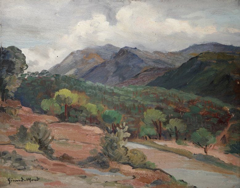 Girard Edmond-Emile dit GIRARD-MOND (1892-?)
Vue sur le MontSeny. Huile sur carton. Signée en bas à gauche et titrée au dos. 27 x 35 cm 