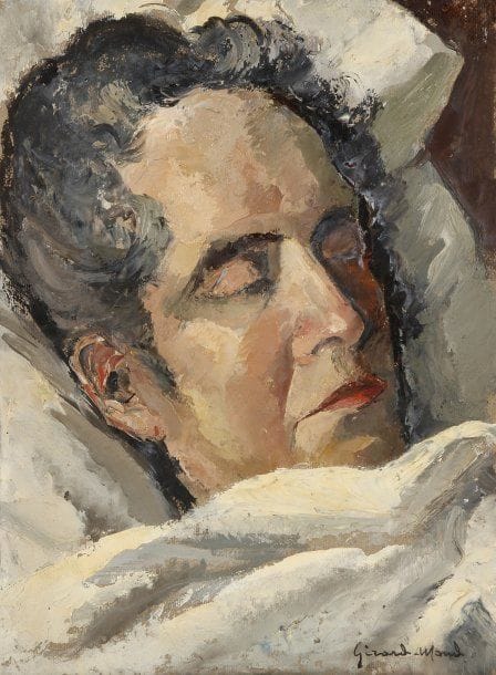Girard Edmond-Emile dit GIRARD-MOND (1892-?)
Le malade. Huile sur carton. Signée en bas à droite et titrée au dos. 33 x 24 cm 