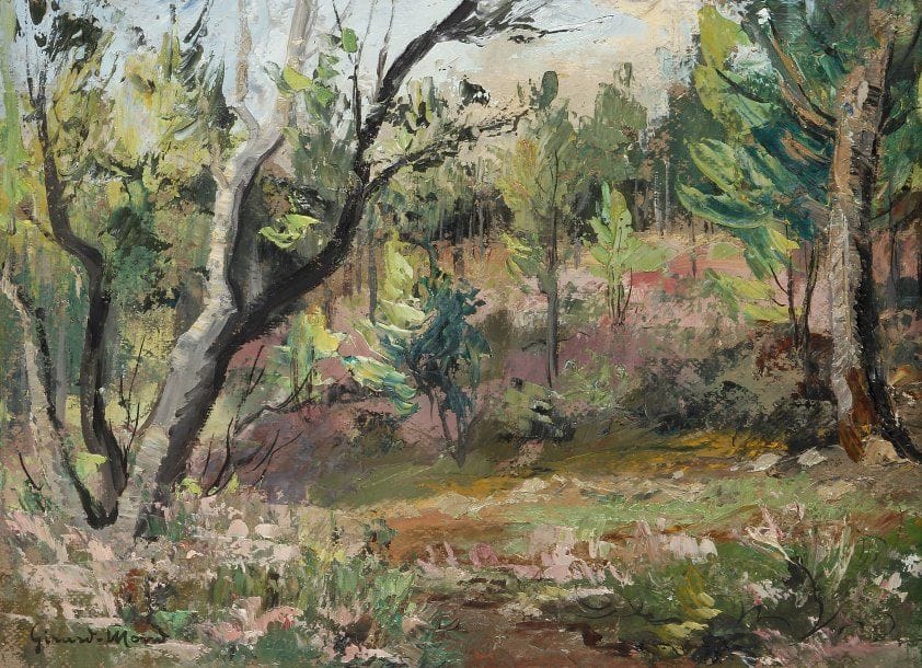 Girard Edmond-Emile dit GIRARD-MOND (1892-?)
Sous-bois. Huile sur carton. Signée en bas à gauche et titrée au dos. 24 x 33.50 cm 