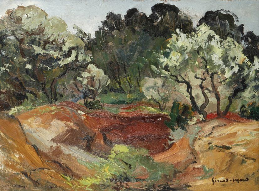 Girard Edmond-Emile dit GIRARD-MOND (1892-?)
Chemin creux sous la bauxite (Servière les Baux). Huile sur carton. Signée en bas à droite et titrée au dos. 24 x 33 cm 