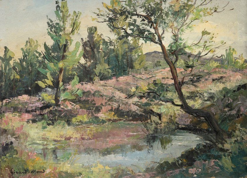 Girard Edmond-Emile dit GIRARD-MOND (1892-?)
La petite mare. Huile sur carton. Signée en bas à gauche et titrée au dos. 24 x 33 cm 