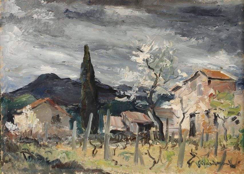 Girard Edmond-Emile dit GIRARD-MOND (1892-?)
Temps gris sur le mas (Printemps en Ardèche). Huile sur carton. Signée en bas à droite et titrée au dos. 24 x 33 cm 