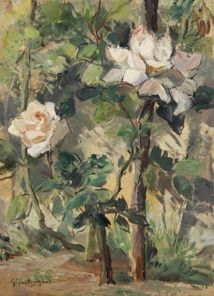 Girard Edmond-Emile dit GIRARD-MOND (1892-?)
Roses sur pied. Huile sur carton. Signée en bas à gauche et titrée au dos. 33.50 x 24 cm 