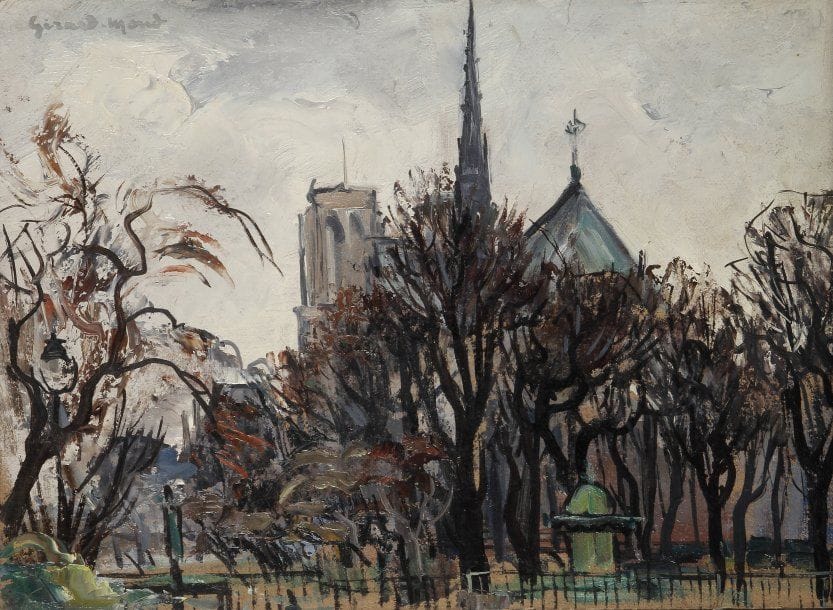 Girard Edmond-Emile dit GIRARD-MOND (1892-?)
Le chevet de Notre-Dame. Huile sur carton. Signée en haut à gauche et titrée au dos. 24 x 33 cm 