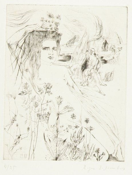 Attribué à Roger Bezombes (1913-1994)
Femme nue - allégorie, 1955. Pointe sèche. Numérotée et signée à la mine de plomb. 20.5 x 16 cm.