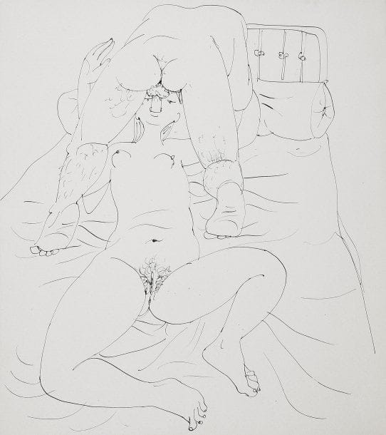 Mario PRASSINOS (1916-1985)
Sans titre (érotique), vers 1947 Plume et encre sur papier. Tampon de l'UFE et de l'atelier Paul Haasen au verso. 32.60 x 29 cm