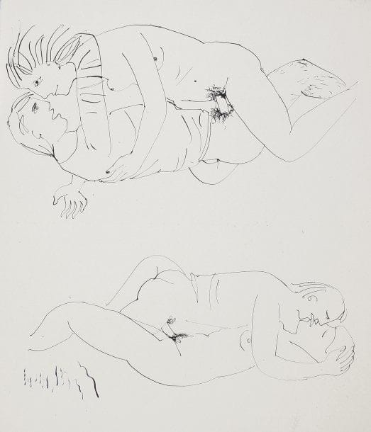 Mario PRASSINOS (1916-1985)
Sans titre (érotique), vers 1947 Plume et encre sur papier. Tampon de l'UFE et de l'atelier Paul Haasen au verso. 33.30 x 28.70 cm