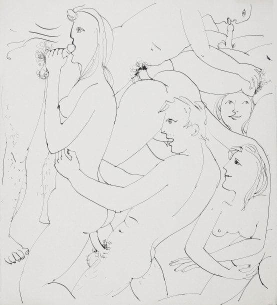 Mario PRASSINOS (1916-1985)
Sans titre (érotique), vers 1947 Plume et encre sur papier. Tampon de l'UFE et de l'atelier Paul Haasen au verso. 32.70 x 29.10 cm