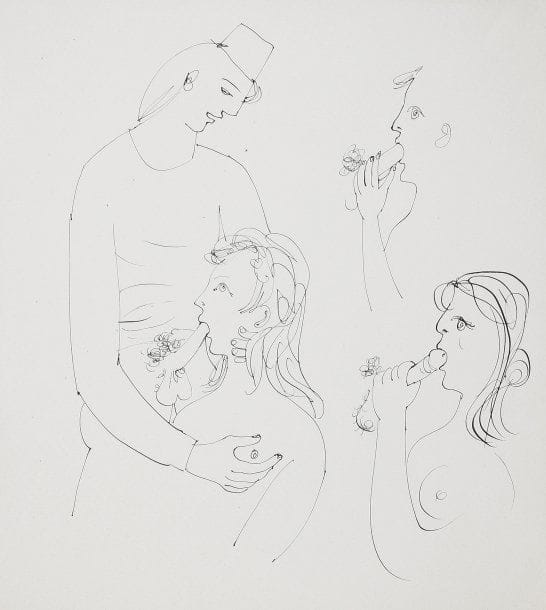 Mario PRASSINOS (1916-1985)
Sans titre (érotique), vers 1947 Plume et encre sur papier. Tampon de l'UFE et de l'atelier Paul Haasen au verso. 32.70 x 29.20 cm